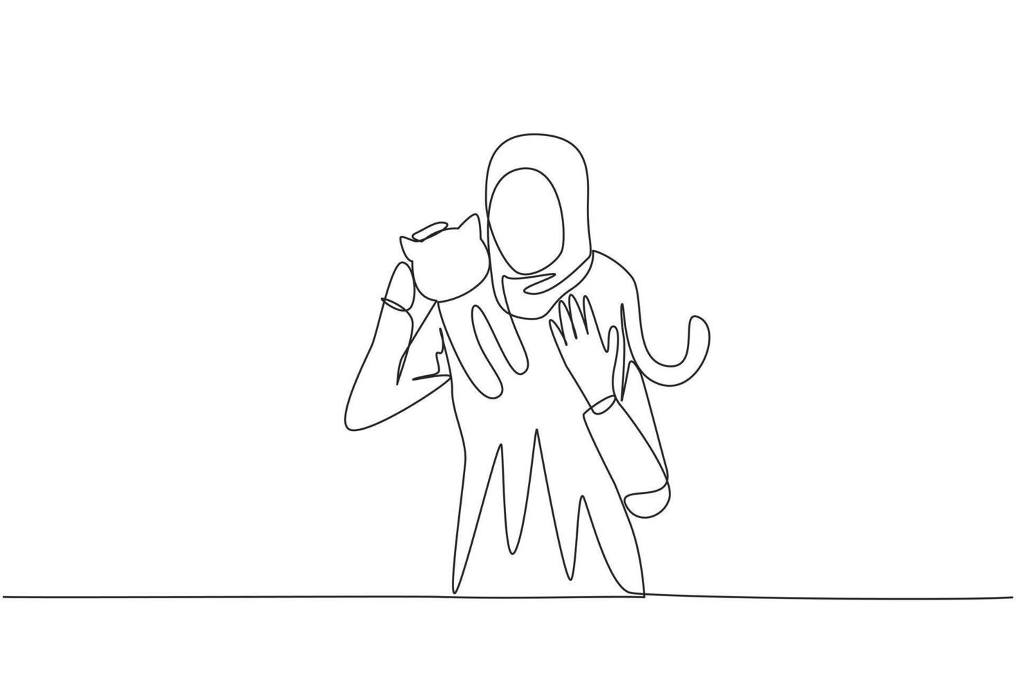 Continuous one line drawing of young Arabian woman carrying cat on her shoulders. Hug and care for his beloved pet carefully. Petting a cat is a sign of affection. Single line draw illustration vector
