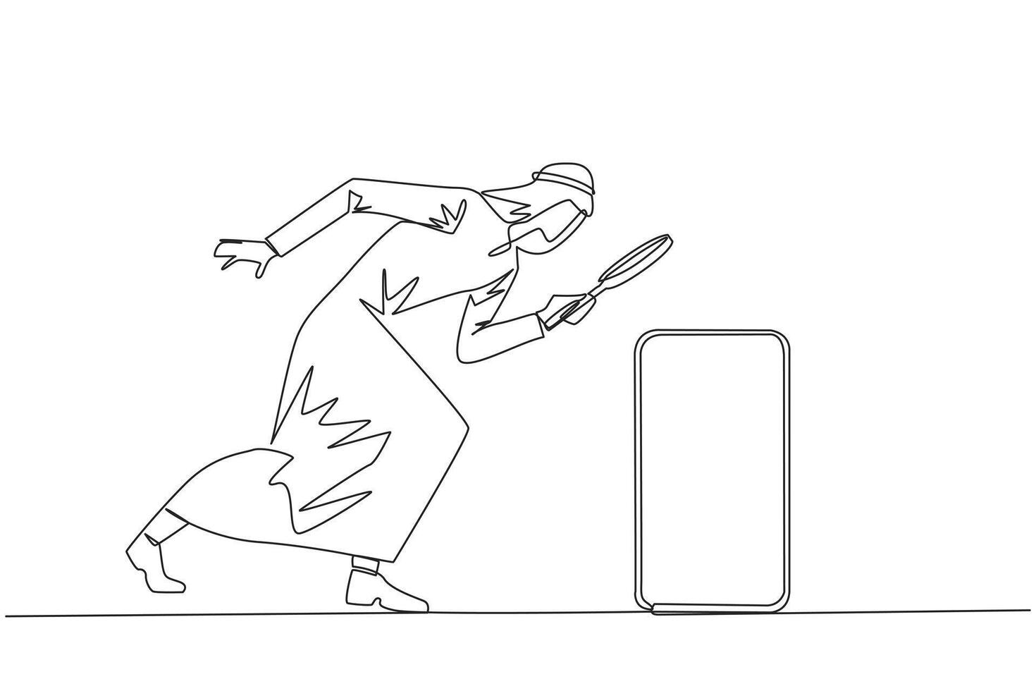 Continuous one line drawing Arabian businessman holds magnifying glass look at smartphone. Take advantage of latest technology for convenience of doing business. Single line draw illustration vector