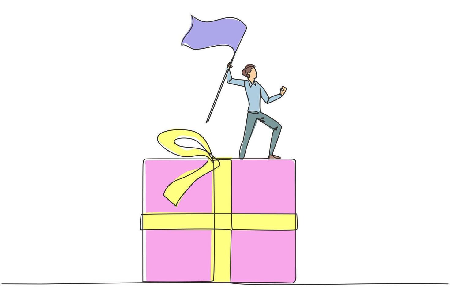 Single one line drawing of businessman standing on giant gift box raising flag. Businessman provide year-end bonuses to all employees. Business reward. Continuous line design graphic illustration vector