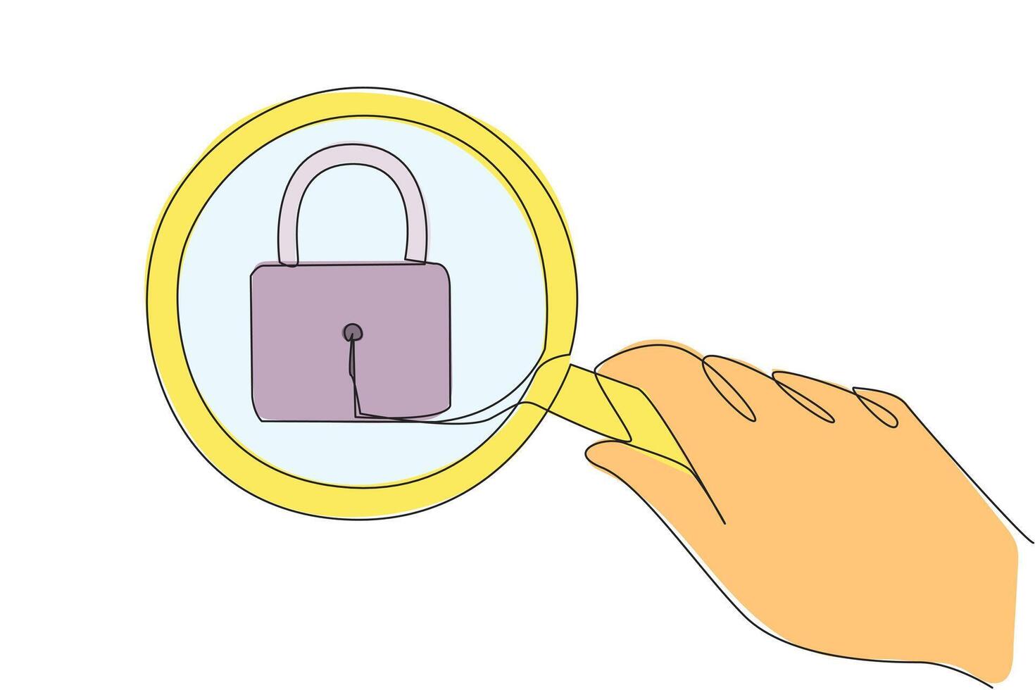 Single one line drawing big hand holding magnifying glass highlights the padlock. Security symbol. The modern era, security are the most important things. Continuous line design graphic illustration vector