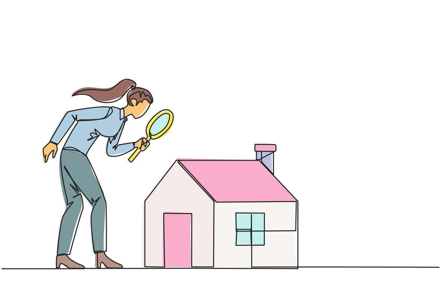 Continuous one line drawing of businesswoman stood holding the magnifier and inspected the miniature house. Looking for home property to be used as passive income. Single line draw illustration vector