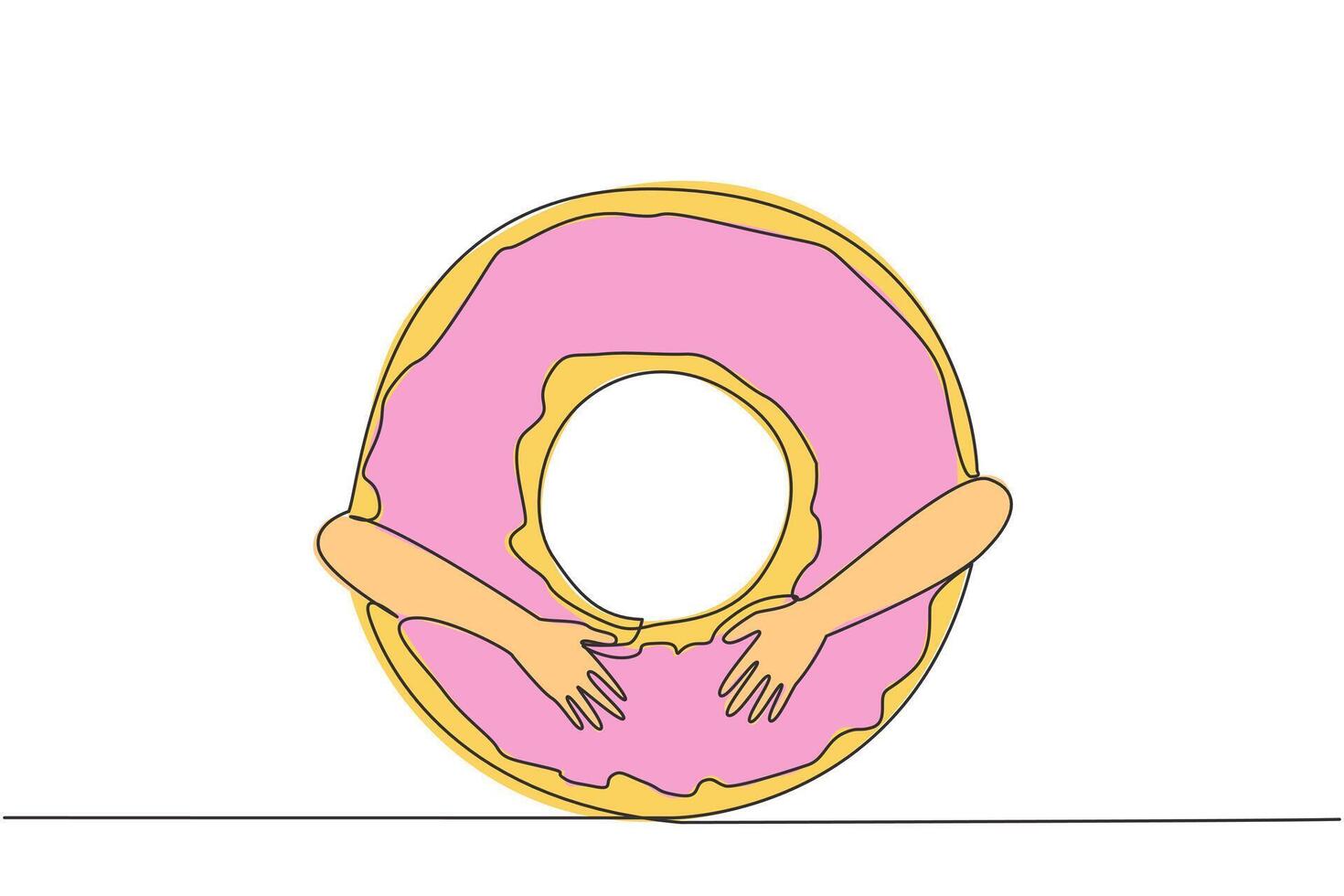 Single continuous line drawing of hands hugging donut. Cake that has a characteristic form of a hole in the middle. Made from wheat flour which has meses topping on top. One line illustration vector