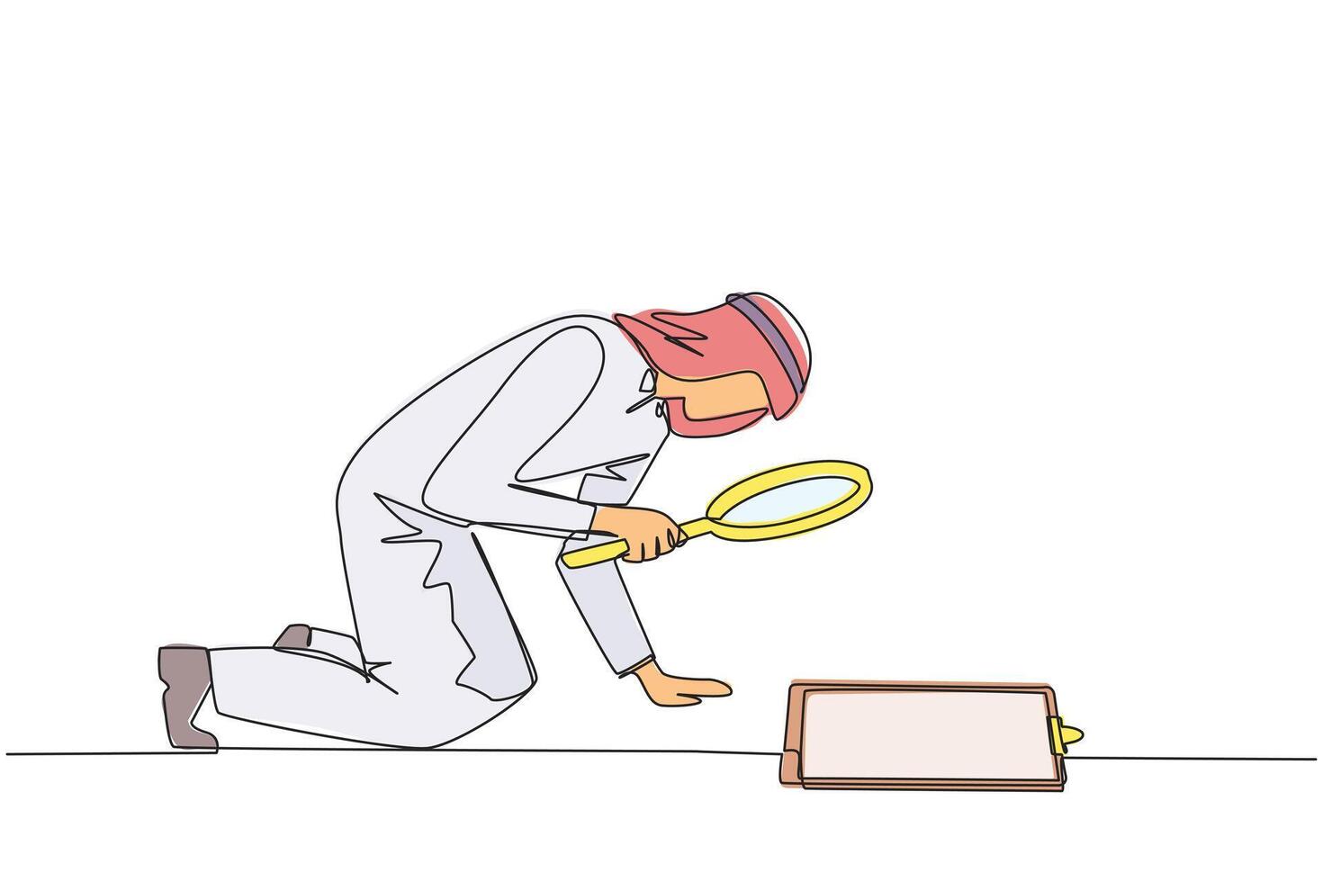Continuous one line drawing Arabian businessman holding magnifying glass look at clipboard. Businessman make sure by checking back work that may have been missed. Single line draw illustration vector