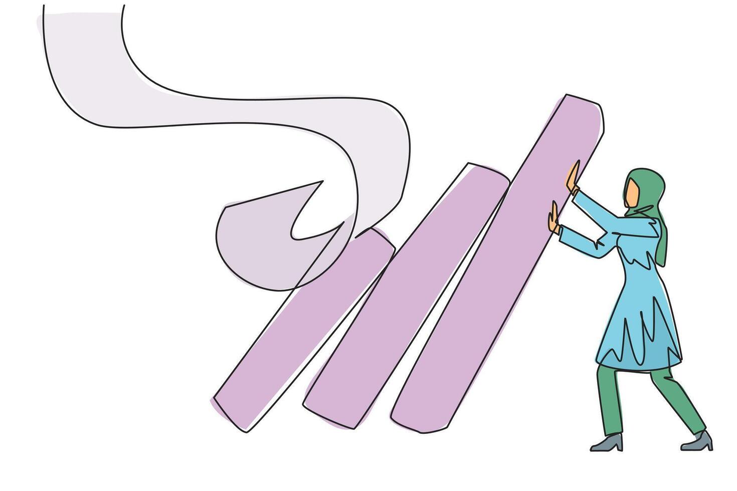 Single continuous line drawing Arab businesswoman holds back pile of walls collapsed bills. Withstand onslaught of bills that accumulate by holding back unnecessary business expenses. One line vector