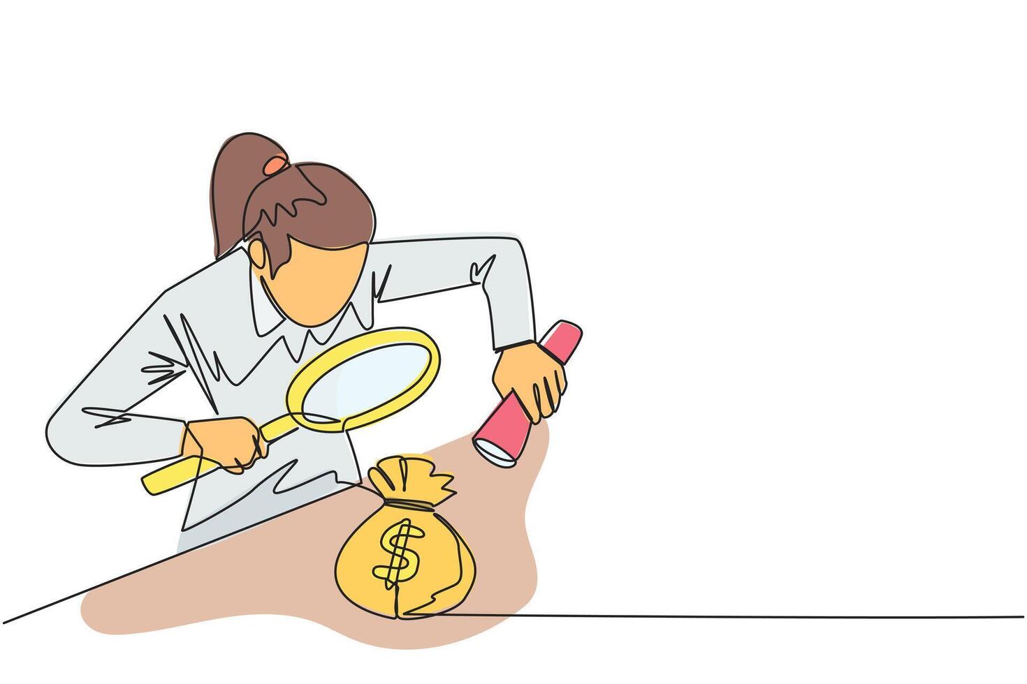 Continuous one line drawing businesswoman holds magnifier and flashlight, then checks the money bag. Investigate money bag ownership. Style like detective. Single line draw design illustration vector