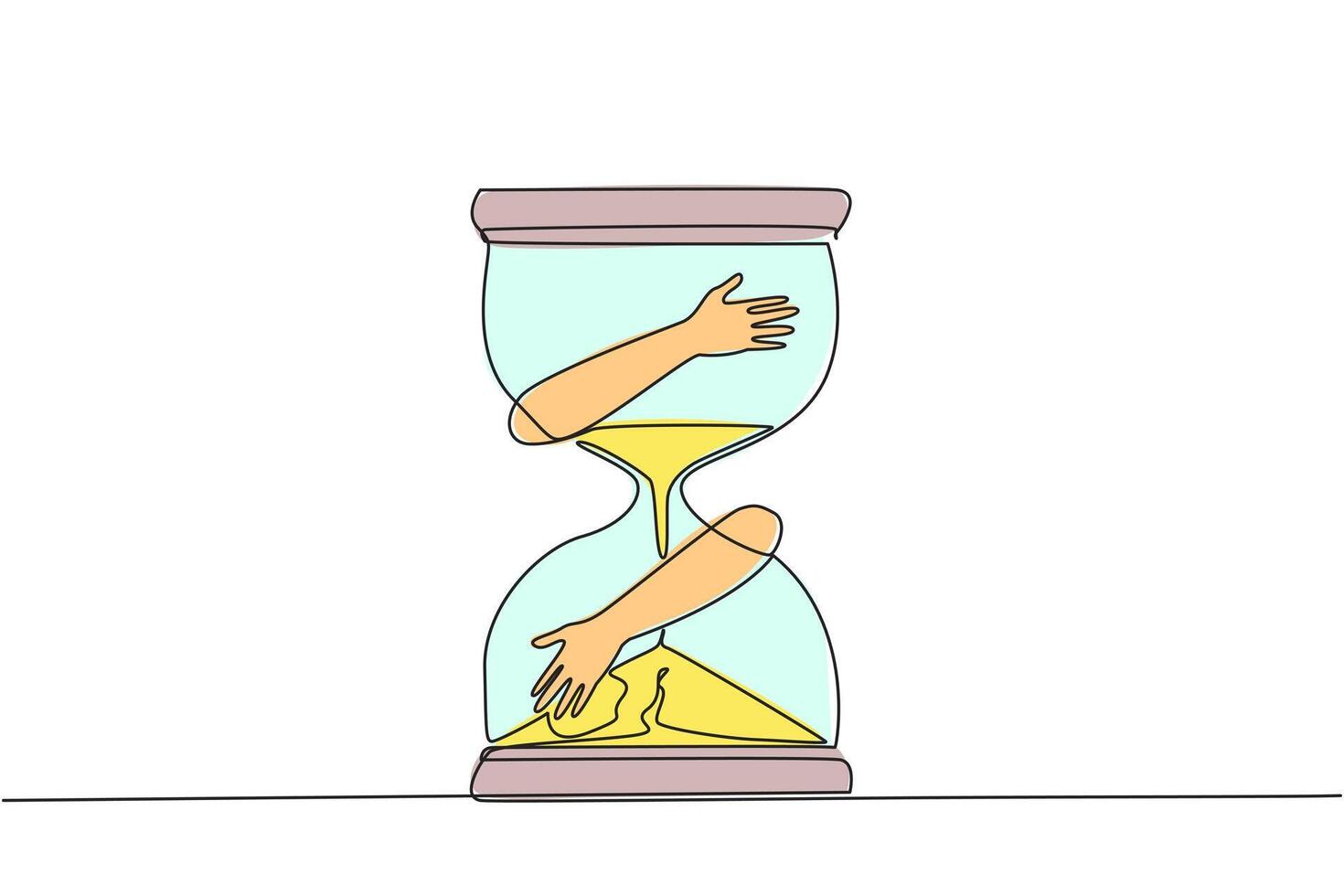 Continuous one line drawing of hands hugging hourglass. No time is allowed to be wasted in taking advantage of business opportunities. Metaphor of time is money. Single line draw illustration vector