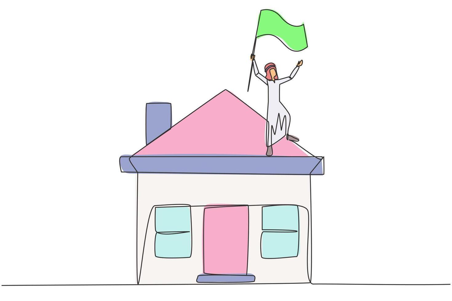 Single continuous line drawing of Arabian businessman standing on miniature house raising flag. Entrepreneurs who are successful in home property deserve an award for business. One line design vector