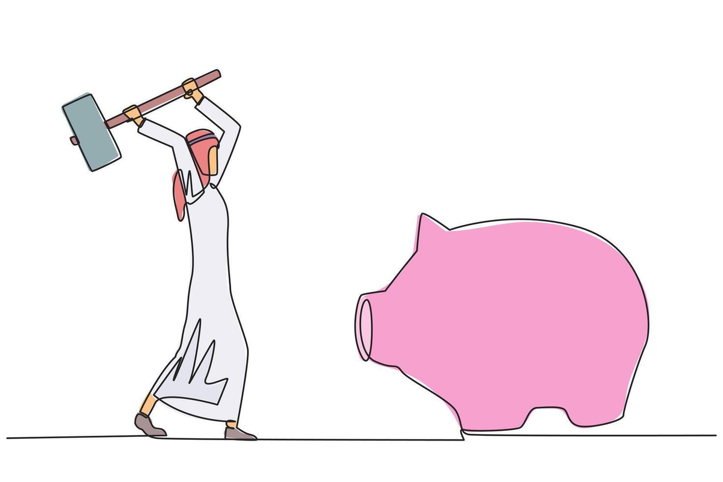Single one line drawing Arab businessman hits big piggy bank with big hammer. Responsible for paying off all bills by taking savings. Struggle for business. Continuous line design graphic illustration vector