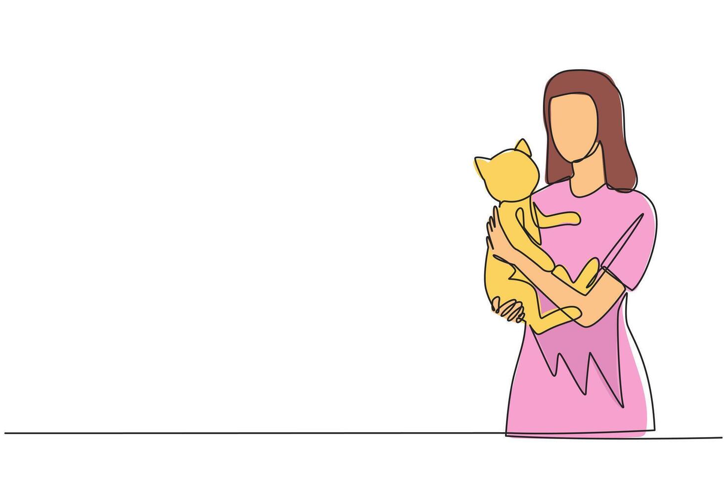 Continuous one line drawing of young beautiful woman holding his little cat. Female pet owner plays with a funny fluffy cat. She holding cute kitty. Concept of caring animals. Single line draw vector