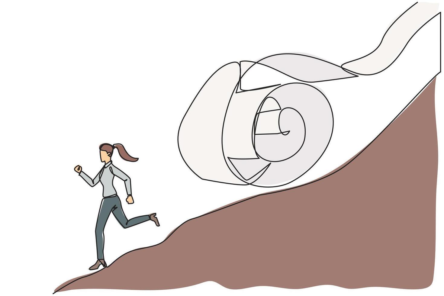 Single continuous line drawing of young businesswoman runs down hill while being chased by rolls of paper bills. Chased by ever-growing bills. Business failure. One line design illustration vector