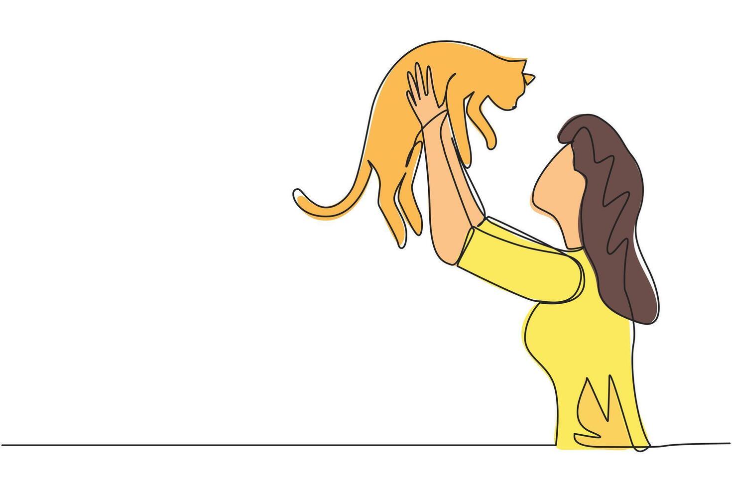 Continuous one line drawing of young beautiful woman with casual t-shirt holding cute cat. Woman pet owner plays with little cat. Concept of caring animals. Single line draw design illustration vector
