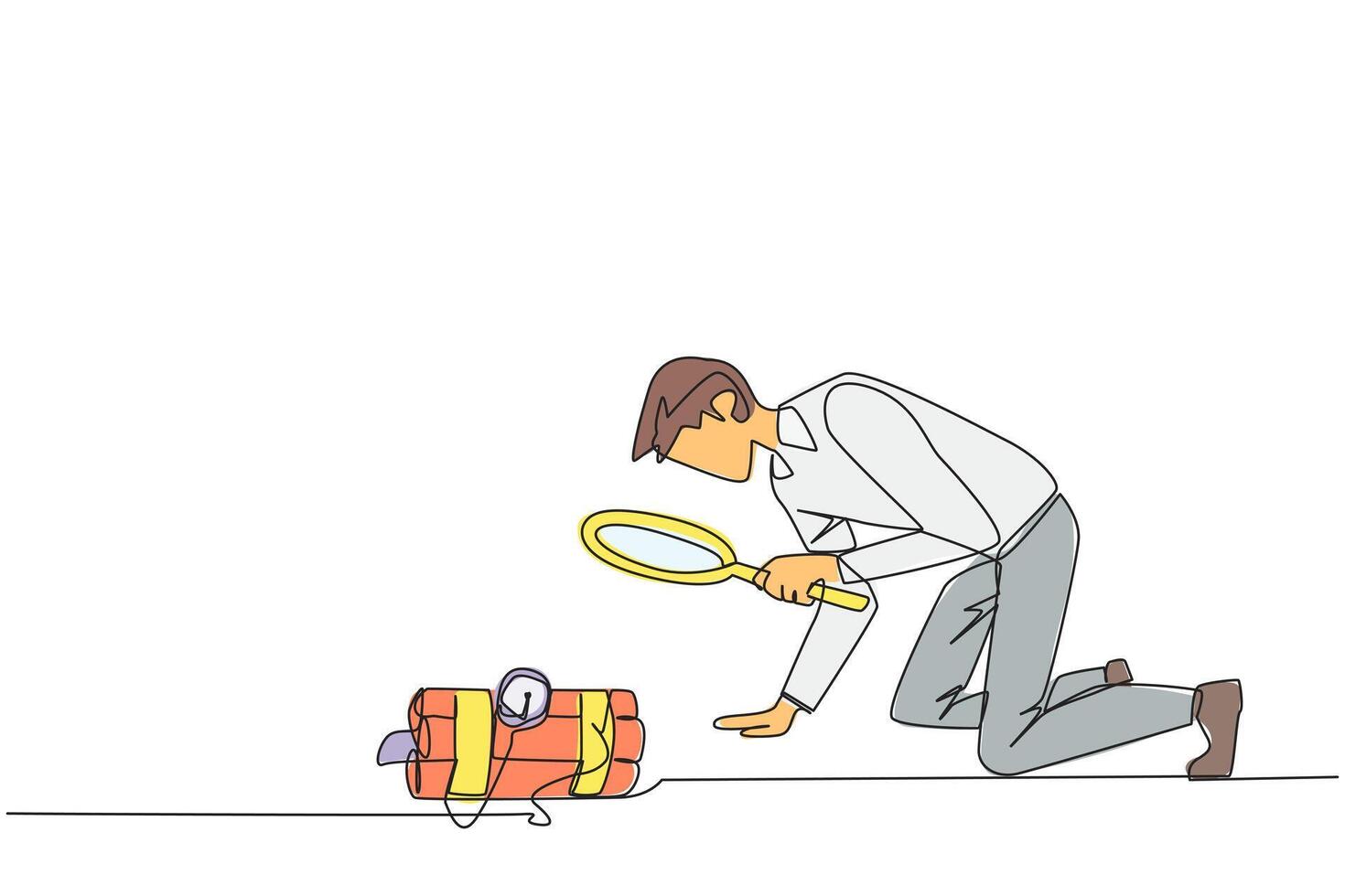 Single one line drawing of businessman holding magnifying glass highlighting dynamite has a clock. Trying to shut down without exploding. Removing barriers. Continuous line design graphic illustration vector