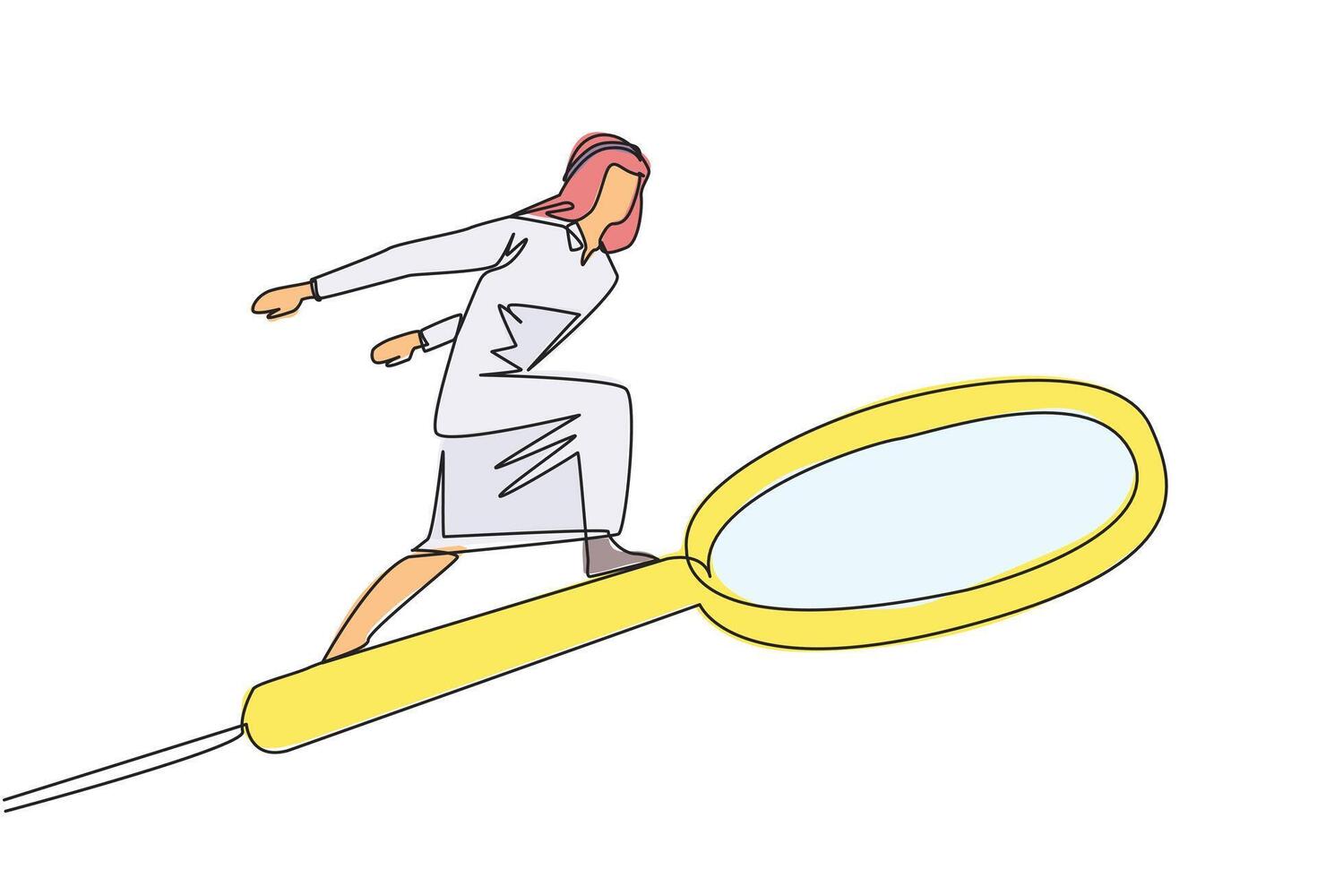 Single one line drawing Arabian businessman rides a big magnifier like he's skateboarding. Someone is trying to find the right information among big data. Continuous line design graphic illustration vector