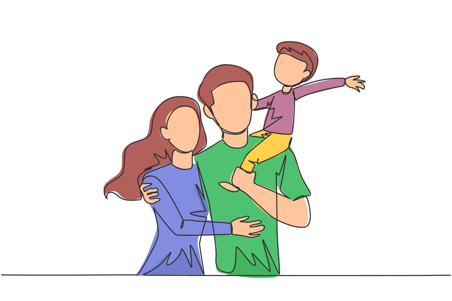 Single one line drawing of young woman hug her handsome husband who is holding their little cute son. Smiling couple with child. Happy family concept. Continuous line design graphic illustration vector