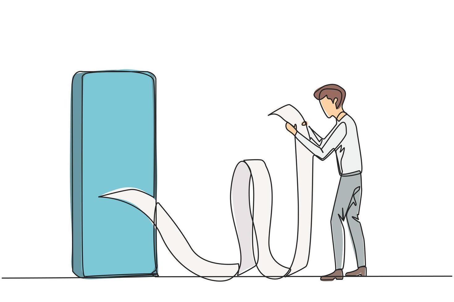 Single continuous line drawing young businessman holding billing paper roll coming out of smartphone. Billing which contains online payments, telephone bills, transfer transactions. One line vector