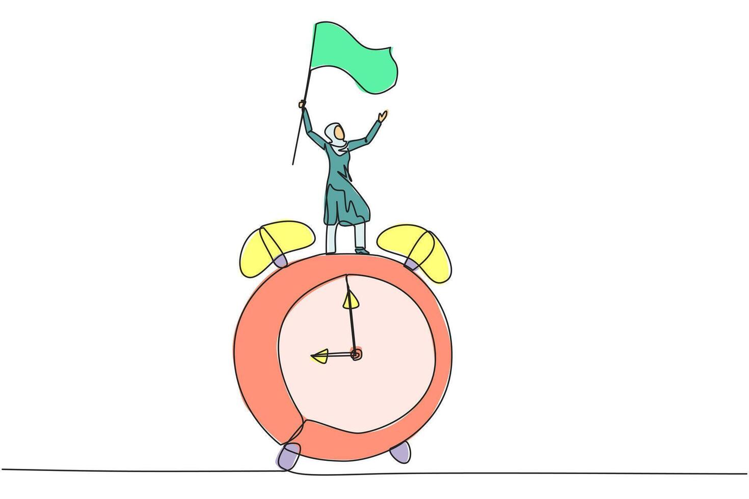 Single continuous line drawing of young Arabian businesswoman standing on giant alarm clock raising flag in the hand. Enjoy business success when the deadline ends. One line design illustration vector