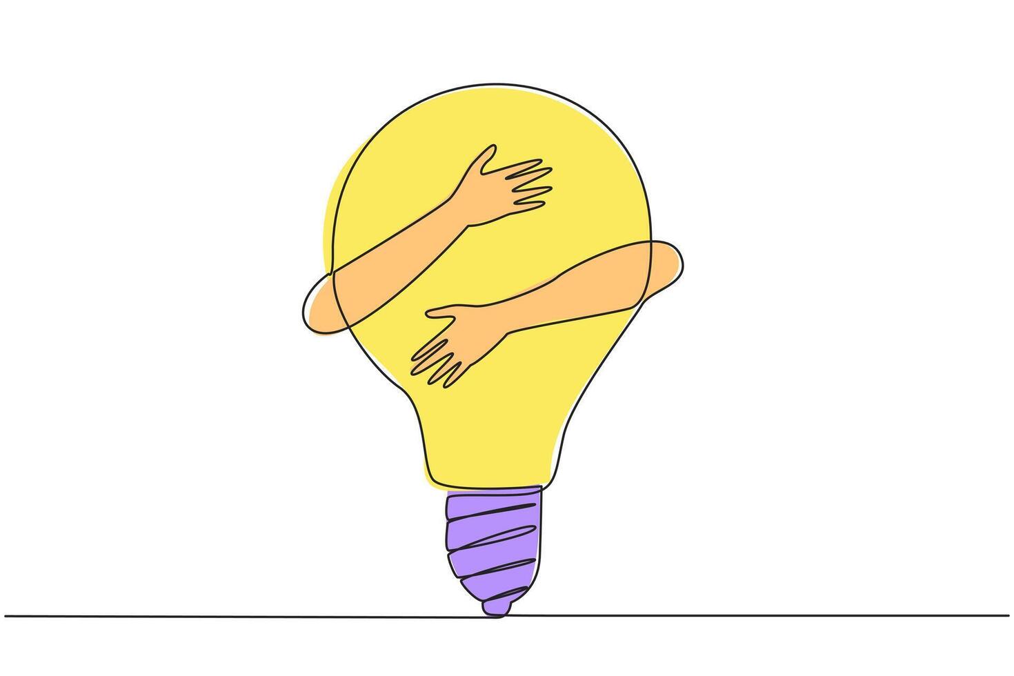 Single continuous line drawing of hands hugging lightbulb. Illustration of brilliant idea for running business during pandemic. Innovation is needed to bring fresh ideas in business. One line vector