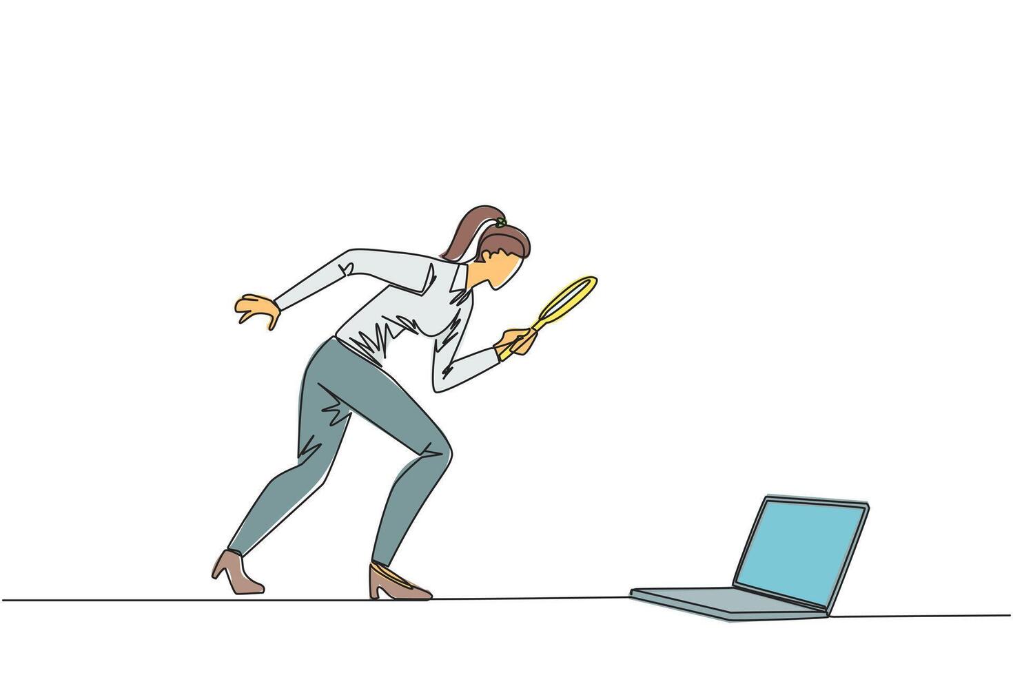 Single continuous line drawing businesswoman holding magnifying glass looking at laptop computer. Confused a programmer facing the bugs in the application she made. One line design illustration vector