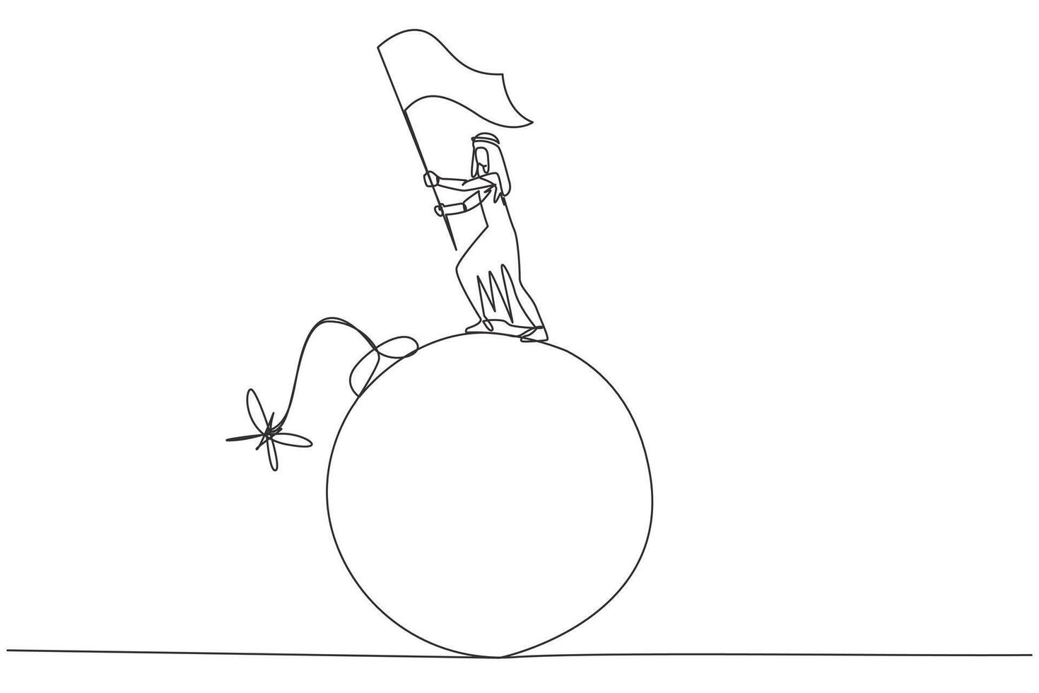 Continuous one line drawing of young Arabian businessman standing on large bomb with a burning fuse raising flag. Business danger near deadline. Time crisis management. Single line draw design vector