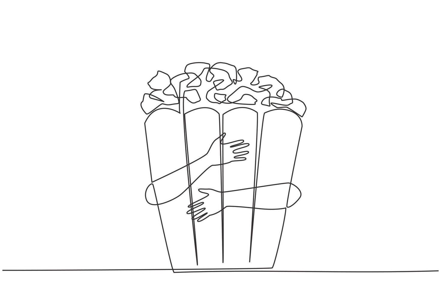 Continuous one line drawing of hand hugging popcorn. Movie time, popcorn time. The best way to enjoy a movie is while eating popcorn. A snack that has several flavors. Single line draw design vector