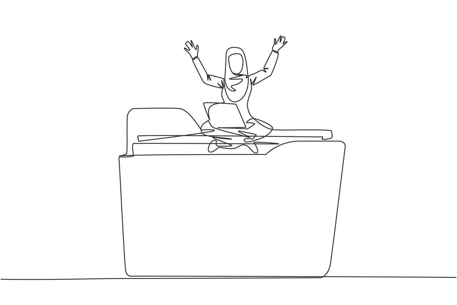 Single one line drawing Arabian businesswoman sitting on big folder icon putting her laptop on thighs raising her hands up. A place to store work data. Business file management. Continuous line design vector