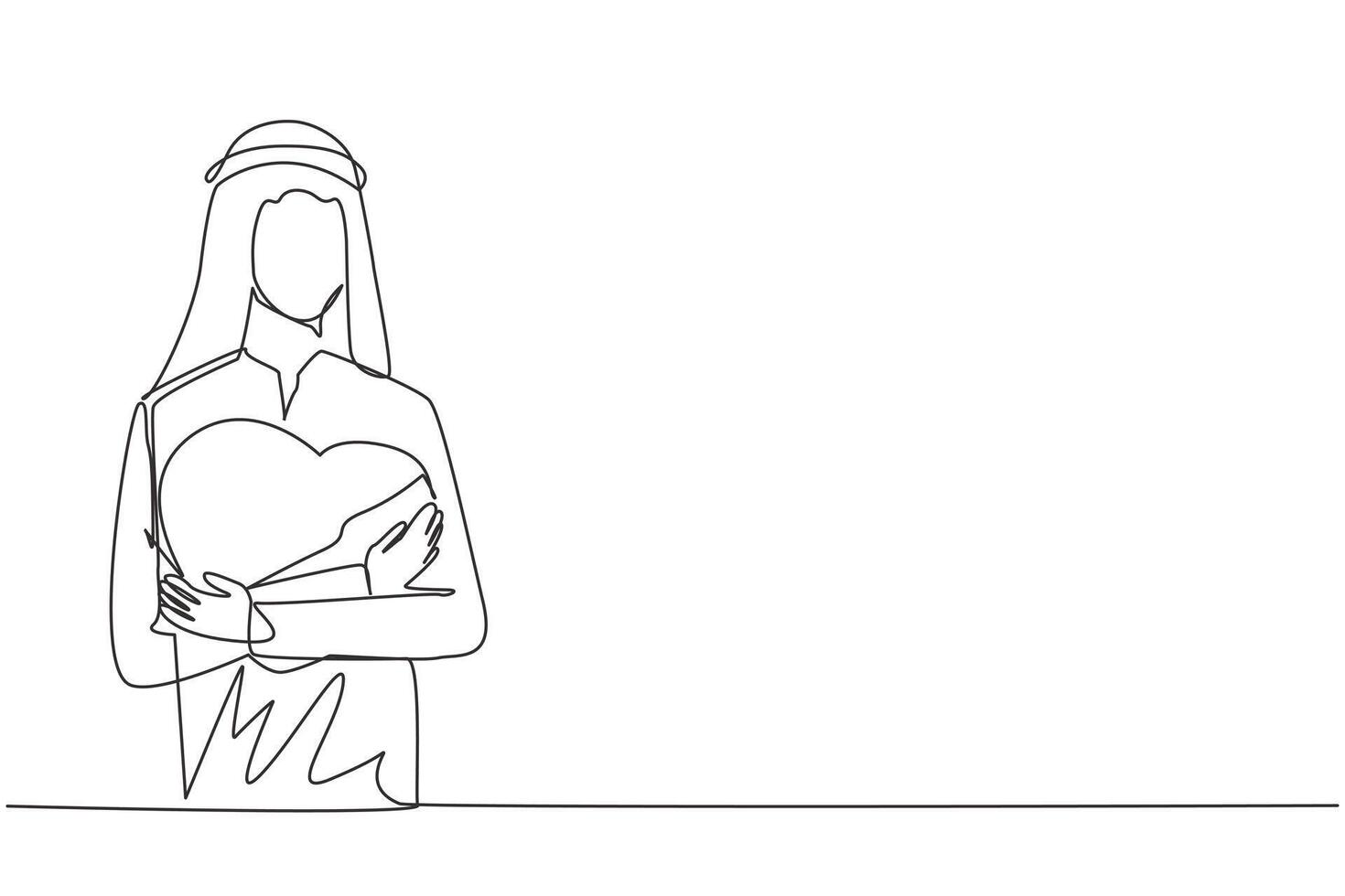 Continuous one line drawing of young happy Arabian man with casual shirt hugging a red heart logo in his chest. Illustration of peace of mind. Self love concept. Single line draw illustration vector