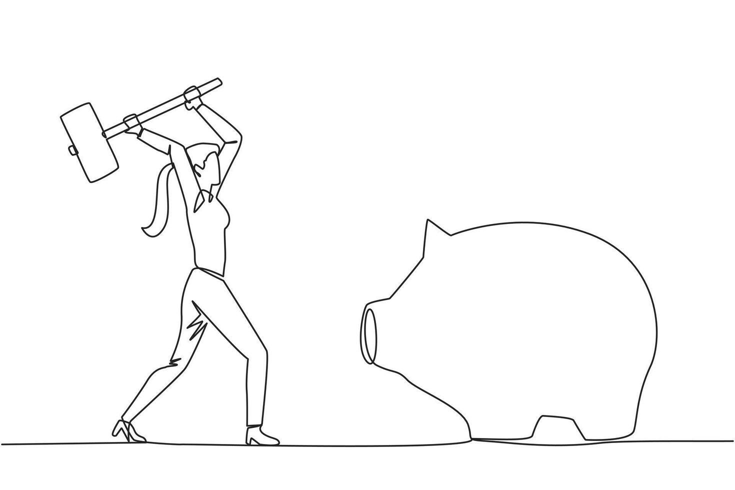 Single one line drawing businesswoman hits big piggy bank with big hammer. Responsible for paying off all bills by taking savings. Struggle for business. Continuous line design graphic illustration vector