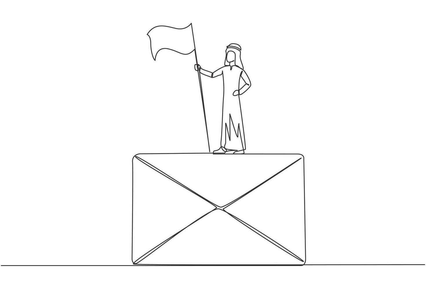 Single one line drawing of young Arabian businessman standing on big email icon holding flag. Received a cooperation offer email that is very profitable for the company. Continuous line design graphic vector