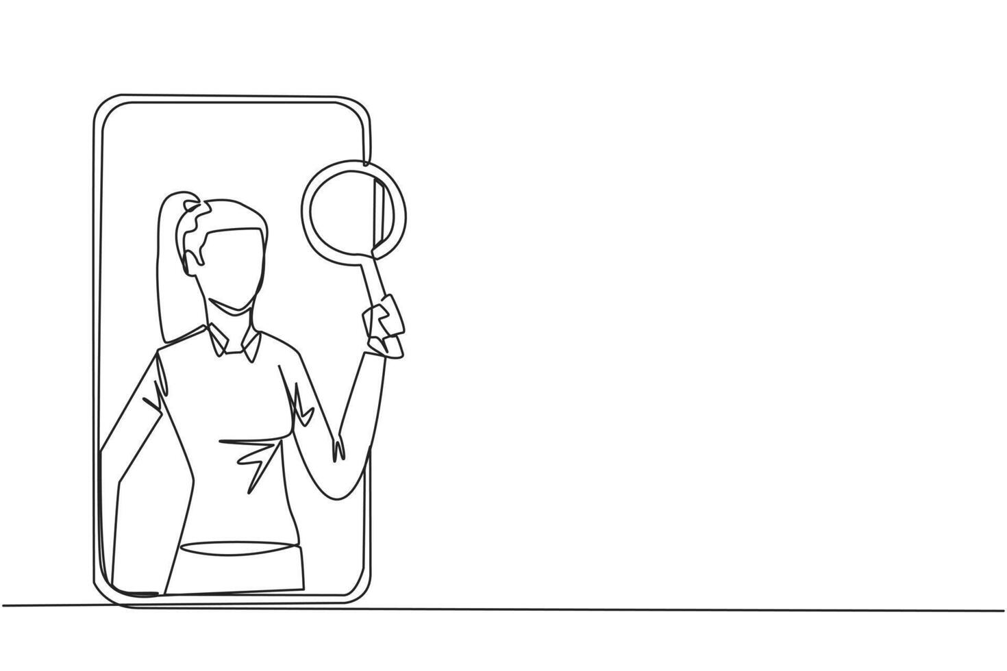 Single continuous line drawing of businesswoman came out of the smartphone screen holding the magnifier. Utilizing internet technology on smartphones to promote business abroad. One line design vector
