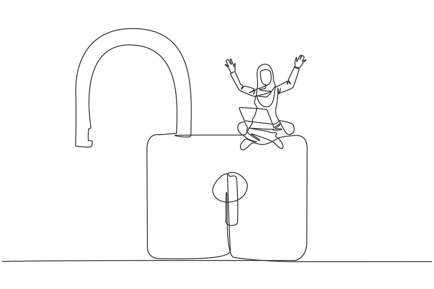 Single continuous line drawing Arabian businesswoman sitting on giant open padlock putting laptop on her thigh. Successfully unlocked layer one of web security. Vulnerable security. One line design vector