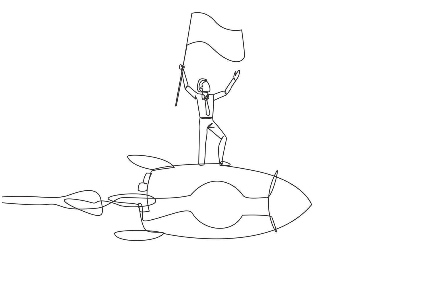 Single one line drawing of young successful businessman standing on flying rocket through the sky raising flag. Entrepreneur starting a new business startup. Continuous design graphic illustration vector