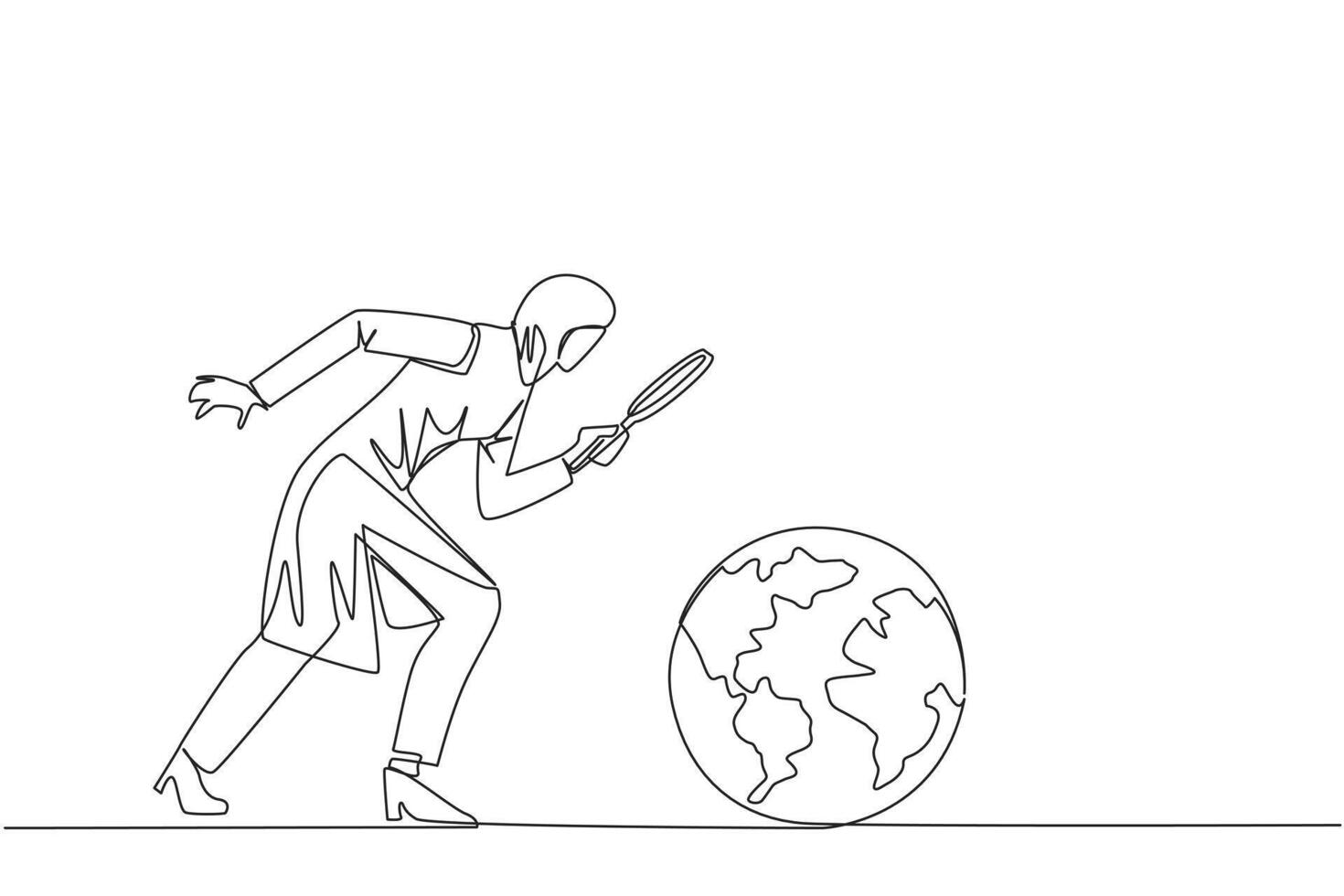 Single one line drawing Arabian businesswoman holding magnifying glass looking at globe. Analyze and map the territory to open the new business. Growing business. Continuous line graphic illustration vector