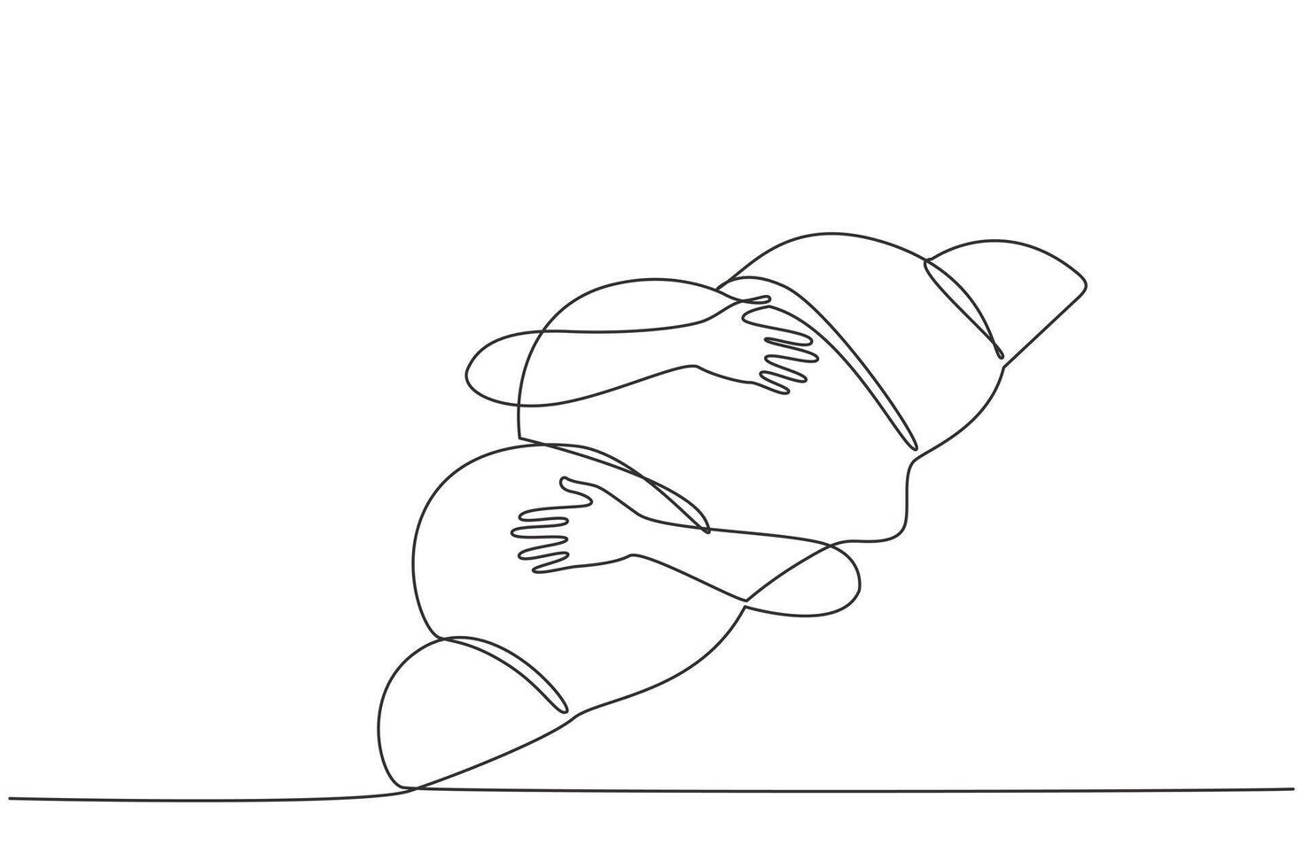 Single one line drawing of hands hugging croissant. Food in the form of soft bread in the shape of a crescent moon. This snack is synonymous with France. Continuous line design graphic illustration vector