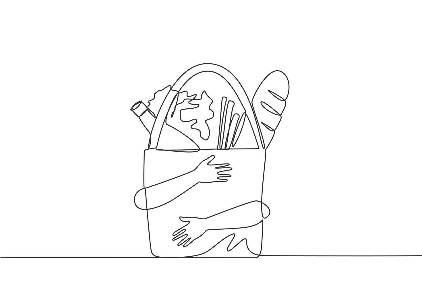 Single continuous line drawing hands hugging grocery paper bags with handle. Paper bags with handles that make it easy to use for shopping for daily needs at mini market. One line illustration vector