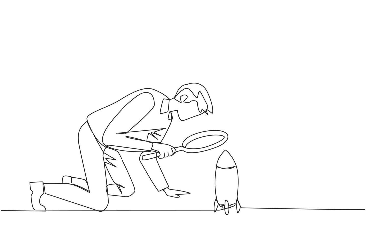 Single continuous line drawing of businessman holding magnifying glass highlights rockets. Analyze details for launching a new business. The beginning of a new era. One line design illustration vector