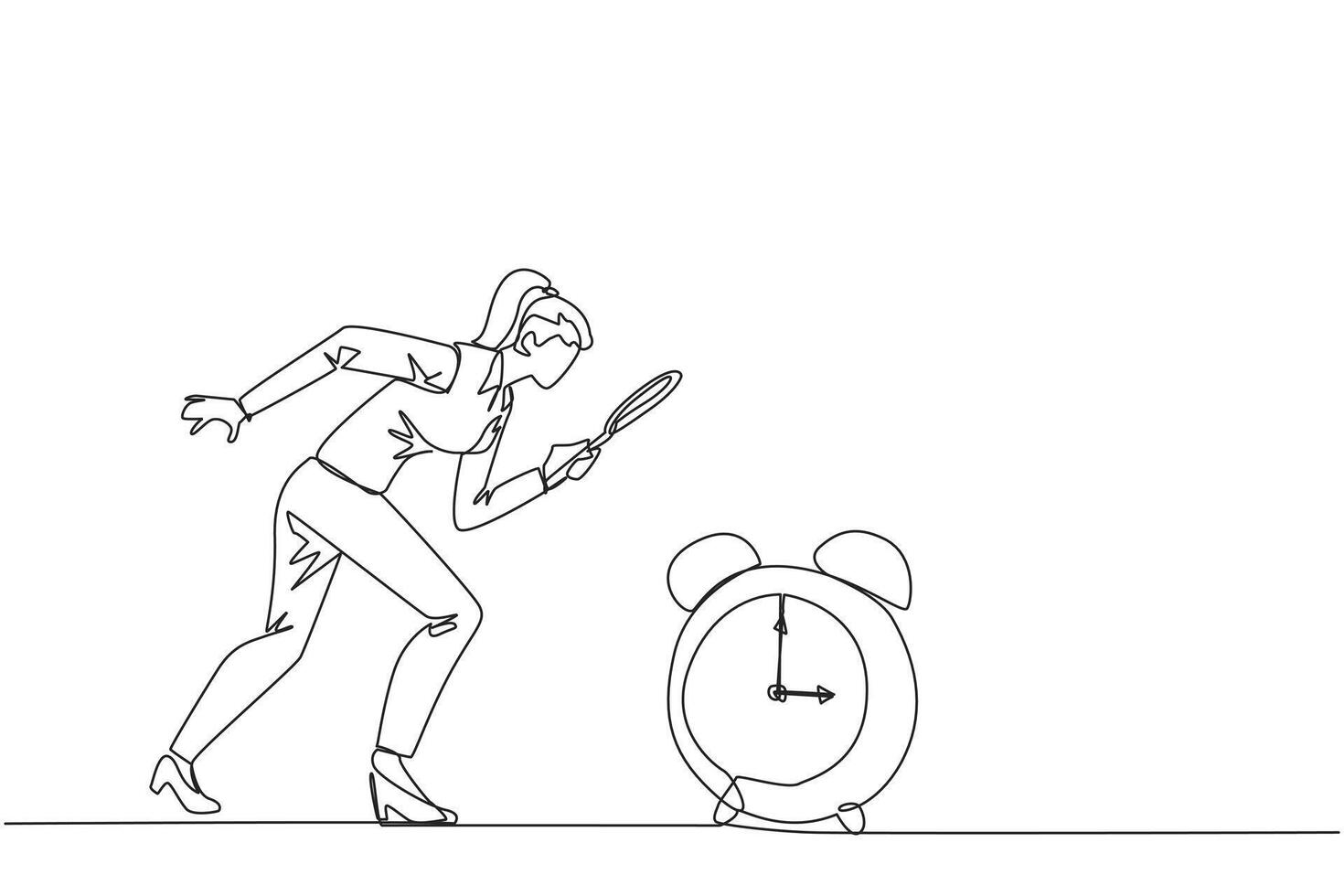 Continuous one line drawing of businesswoman holding magnifying glass looking at alarm clock. Super busy businesswoman, always working overtime. Workaholic. Single line draw design illustration vector