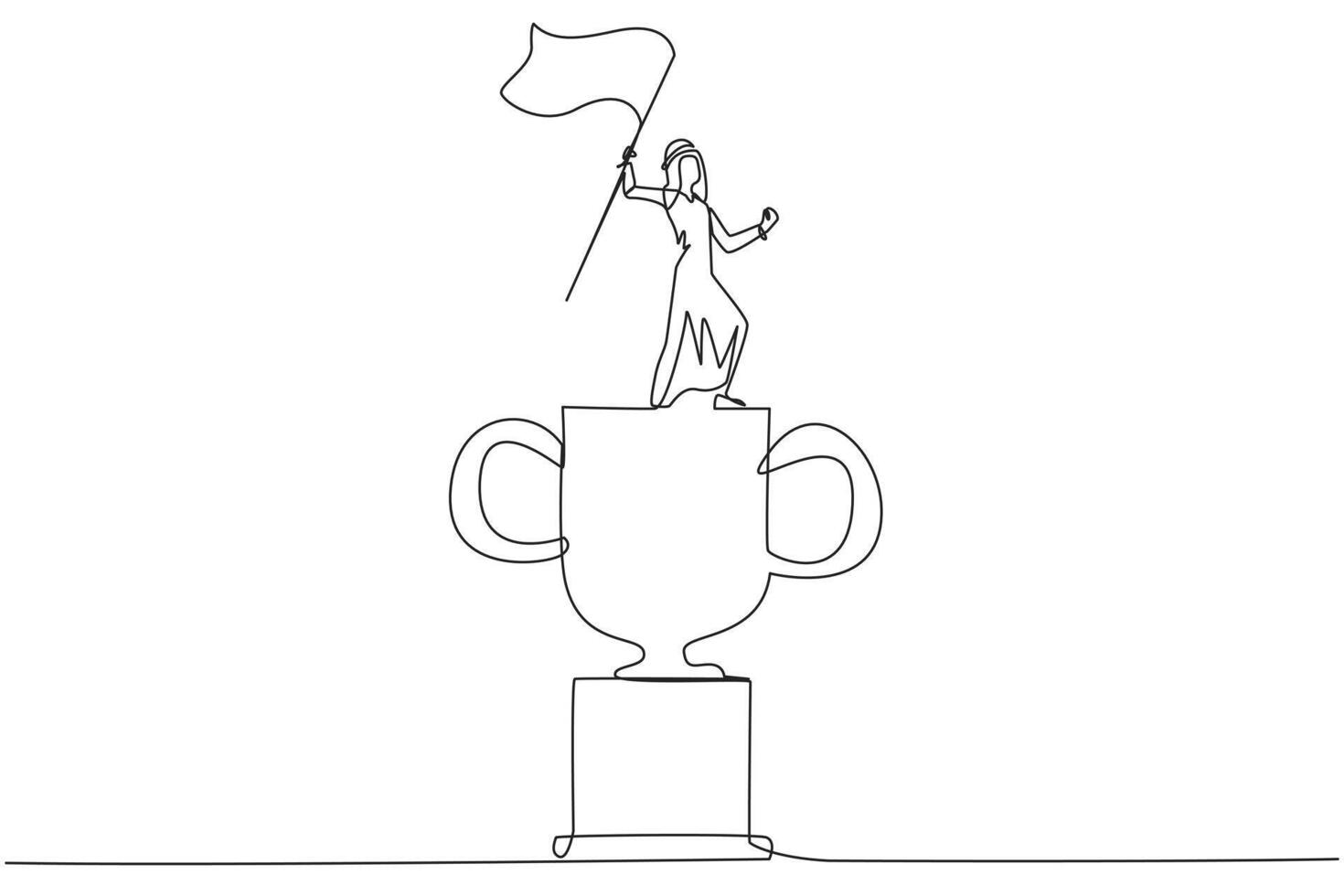 Single continuous line drawing of young Arabian businessman standing on giant trophy. Raising flag as victory for business achievement. Determination for career success concept. One line design vector