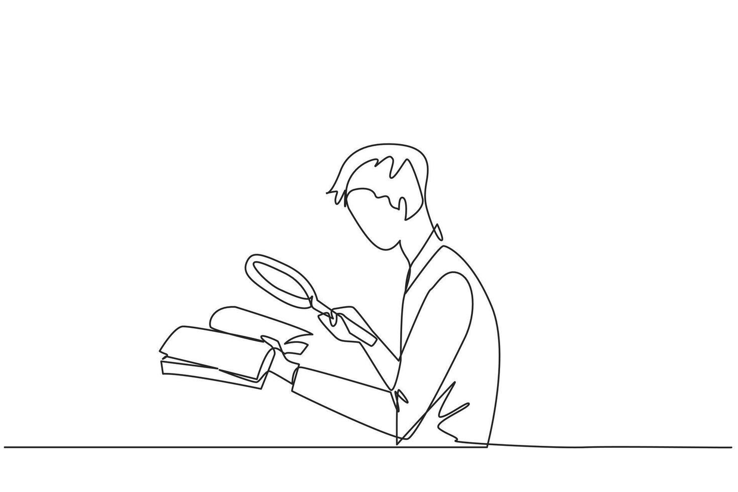 Single one line drawing businessman holds the book and examines it with the magnifier.Businessman re-reads scientific studies so that his business avoids bankruptcy. Continuous line design graphic vector