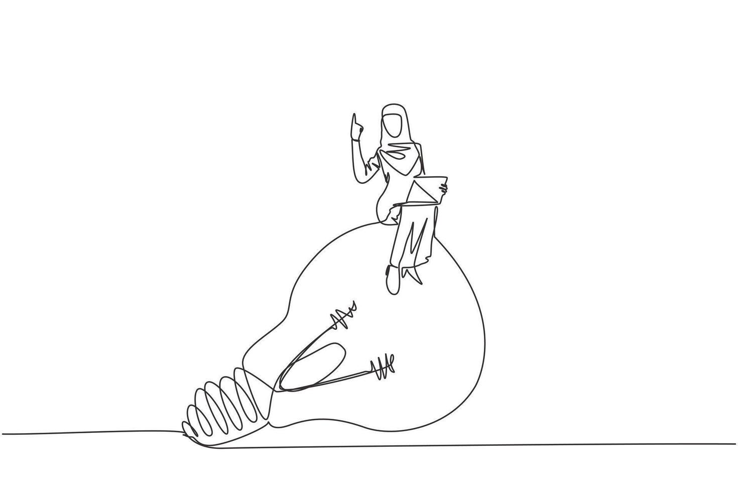 Single one line drawing of Arabian businesswoman sitting on big lightbulb while holding laptop computer. Showing one finger meaning having great idea for her online business. Continuous line design vector