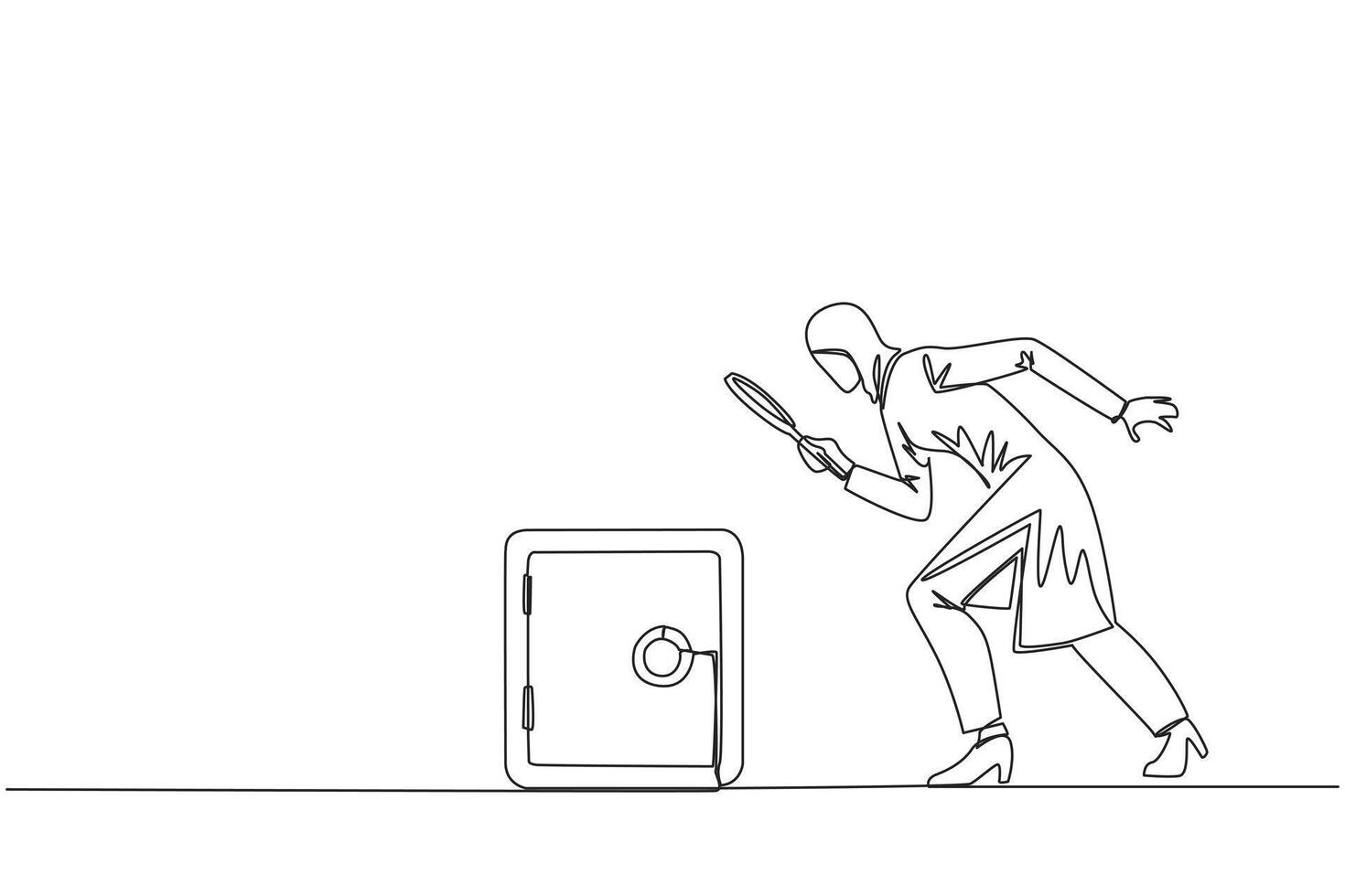 Single continuous line drawing of Arabian businesswoman holding magnifying glass highlighting safe deposit box. Finding for the best place of protection to save important data. One line design vector