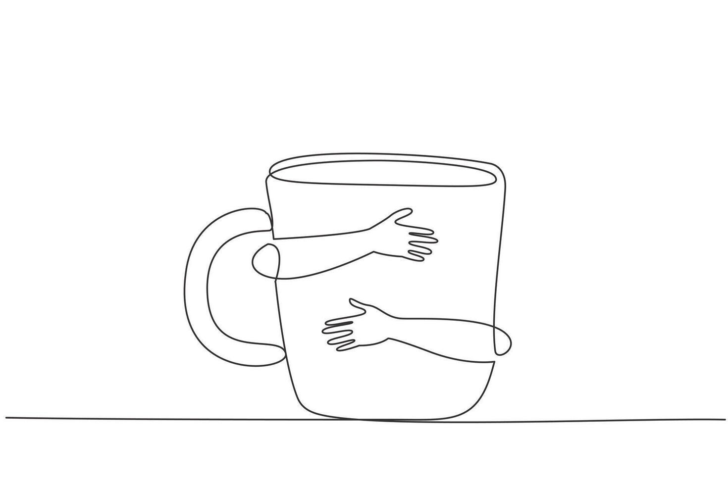 Single continuous line drawing of human hands hugging huge mug. Pour a few milliliters of coffee or tea into a mug, talk to your loved ones, then feel the warmth. One line design illustration vector