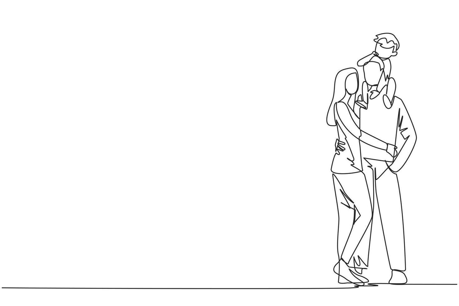 Continuous one line drawing of young woman hug her handsome husband who is holding their little cute son on shoulders hug. Smiling couple with child. Happy family relations. Single line draw vector