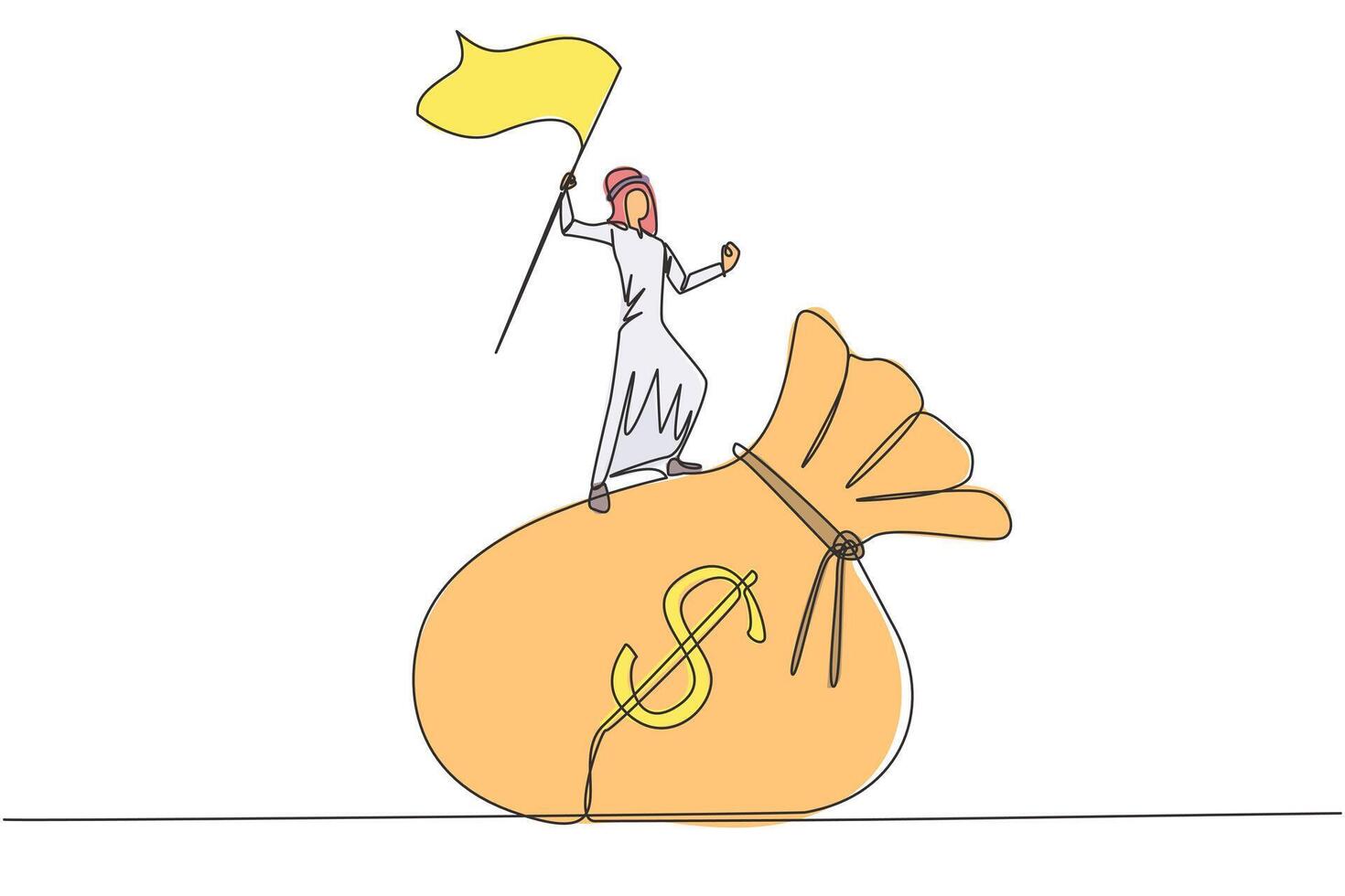 Single continuous line drawing of Arabian businessman standing on giant money bag raising flag. Victory or business achievement obtained for his smart work in managing the business. One line vector