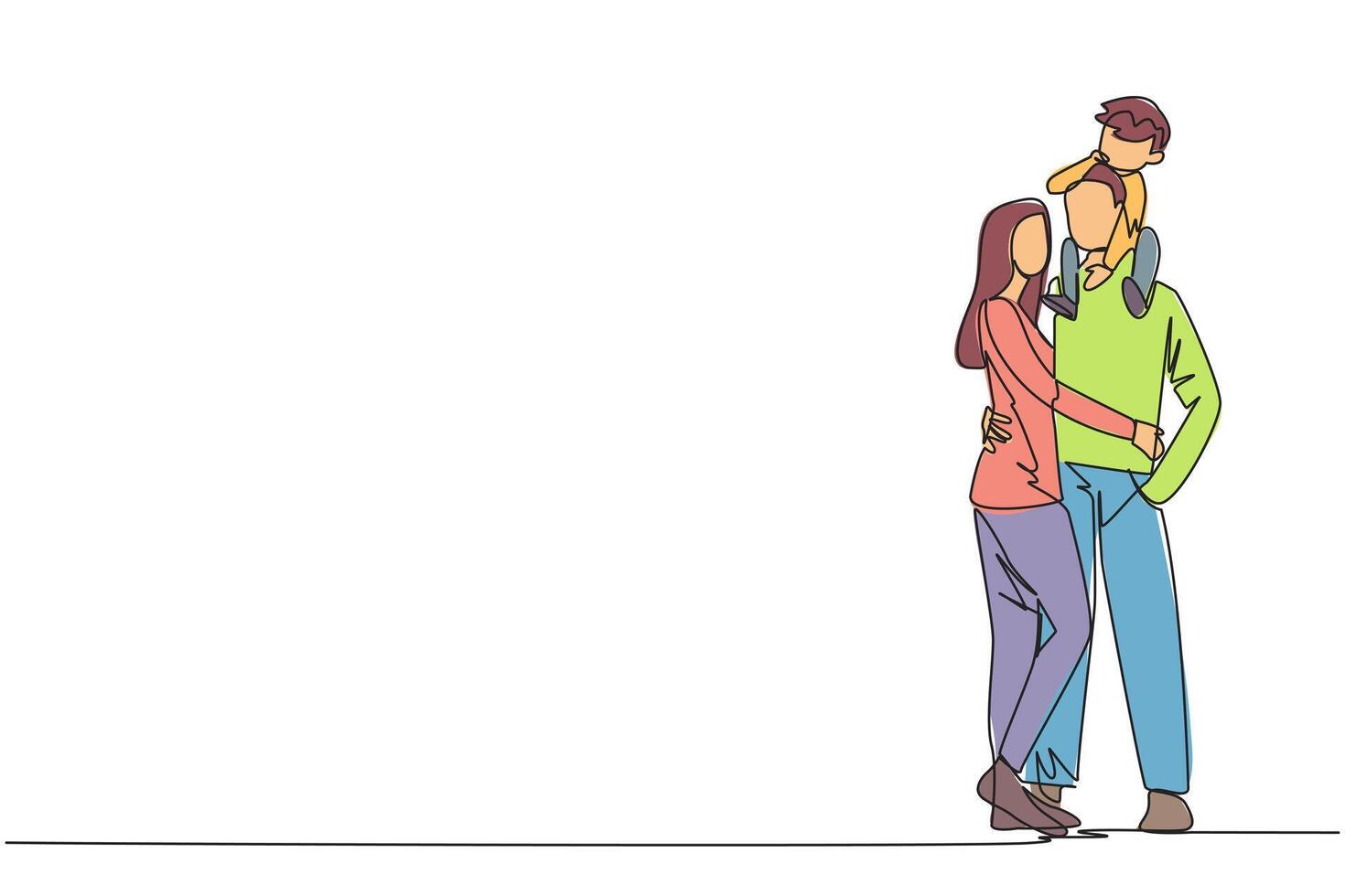 Continuous one line drawing of young woman hug her handsome husband who is holding their little cute son on shoulders hug. Smiling couple with child. Happy family relations. Single line draw vector