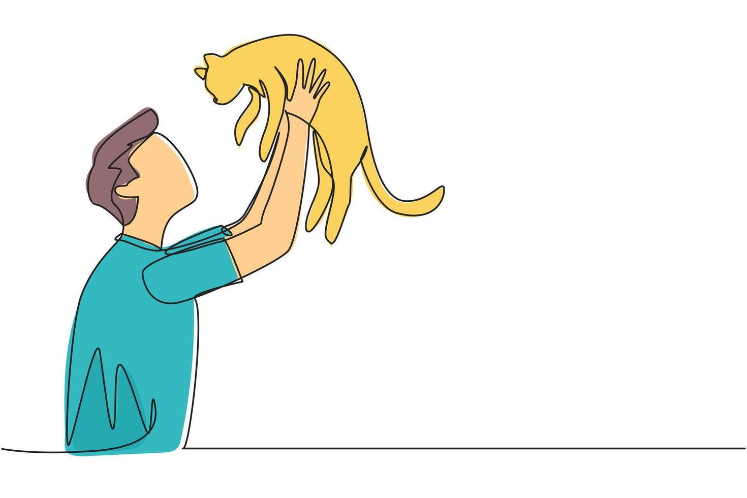 Single one line drawing of young handsome man with casual t-shirt holding his cute cat. Male pet owner plays with little cat. Concept of caring animals. Continuous line design graphic illustration vector