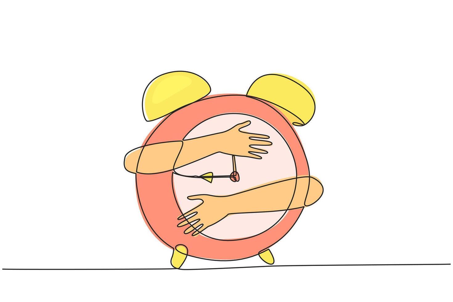 Single one line drawing of hands hugging alarm clock. Business decisions taken will determine every hour. Wrong in taking steps then business failure will be accepted. Continuous line design graphic vector