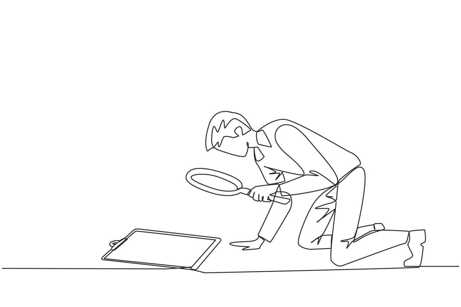 Single continuous line drawing businessman holding magnifying glass clipboard. Businessman make sure by checking back work that may have been missed. Careful. One line design illustration vector