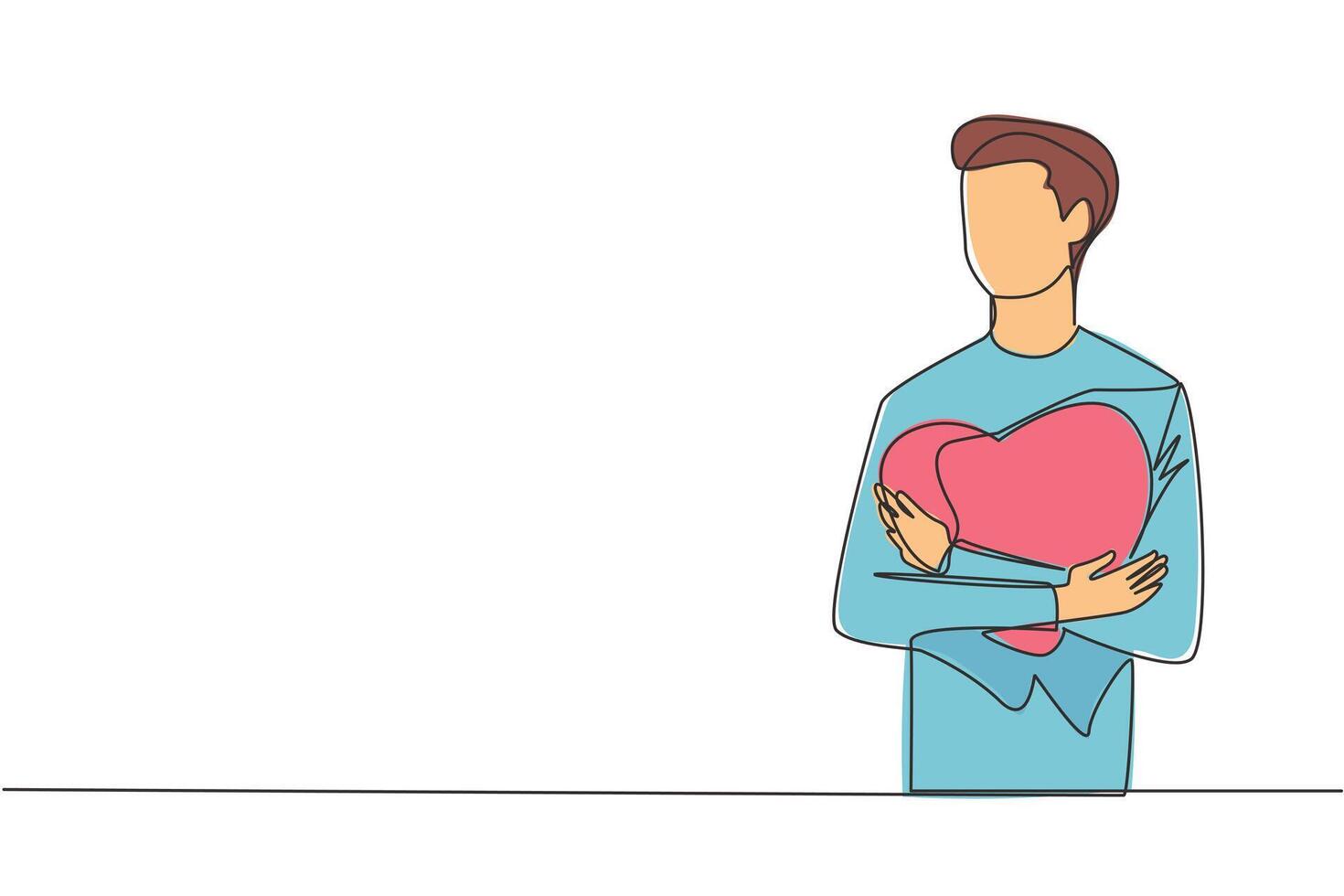 Single one line drawing of young trendy man with casual shirt hugging a red heart symbol in his chest. Illustration of mental health. Self love concept. Continuous line design graphic illustration vector