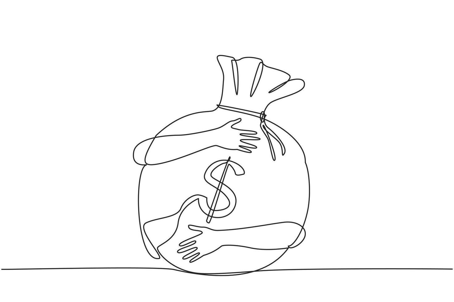 Single continuous line drawing of hands hugging big money bag. Successful entrepreneurs take advantage of existing opportunities to collect a lot of money. Wealth concept. One line illustration vector