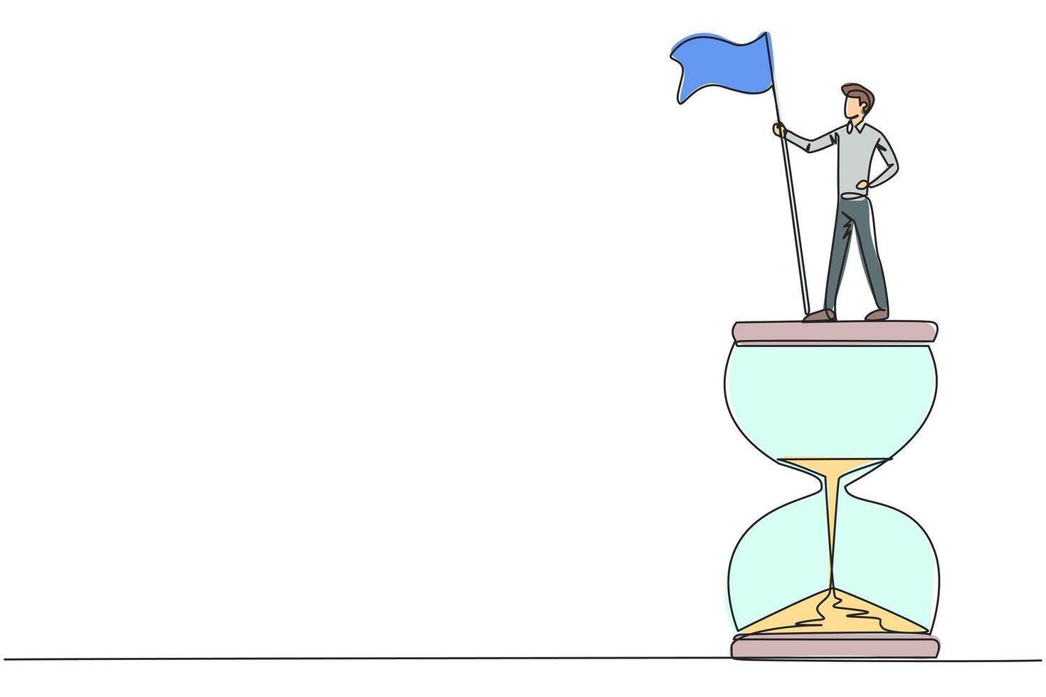 Single continuous line drawing young businessman standing on giant hourglass holding flag. Business strategy related on time management. Businessman who can manage times well. One line design vector